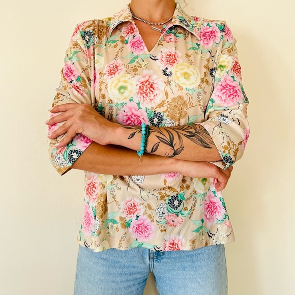 Vintage Haband floral print v neck collared blouse top - Picture 4 of 7